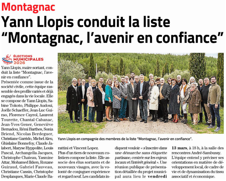 Article Midi Libre annonce réunion publique du 13 mars + présentation liste